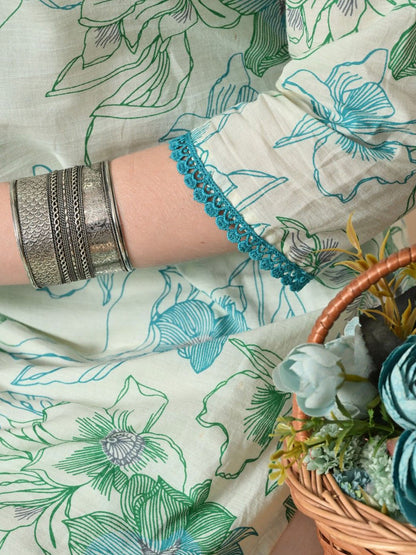 Lace work V-Neck Floral Printed Kurta