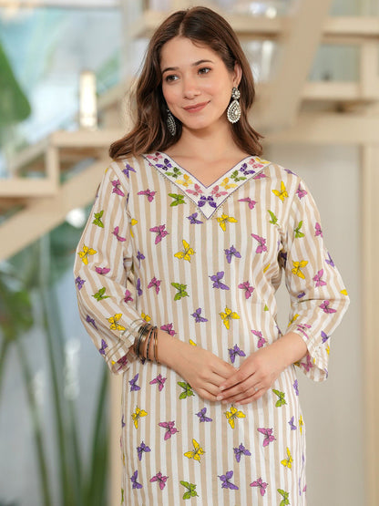 Women Geometric Checked Keyhole Neck Thread Work Kurta