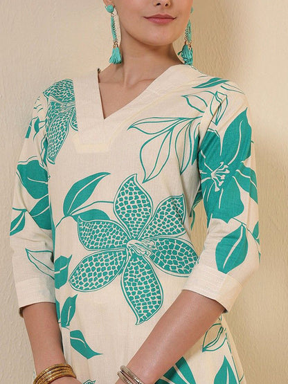 Floral Printed V-Neck A-Line Cotton Kurta