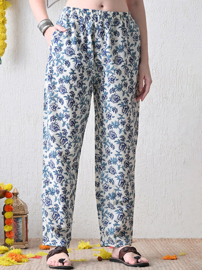 Floral Printed V-Neck Pure Cotton Straight Kurta With Trousers