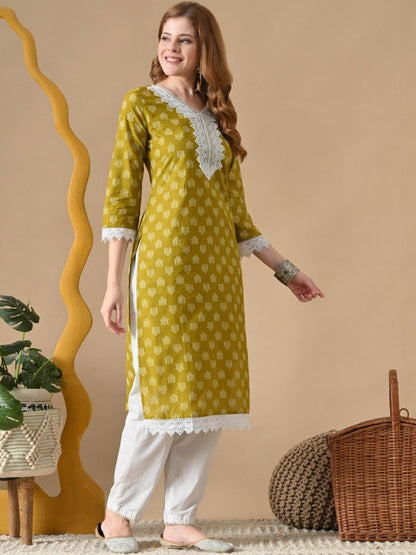 Women Cotton Ethnic Motifs Printed Lace Kurta