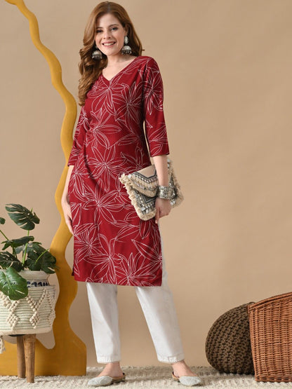 Floral Printed V-Neck Straight Cotton Kurta