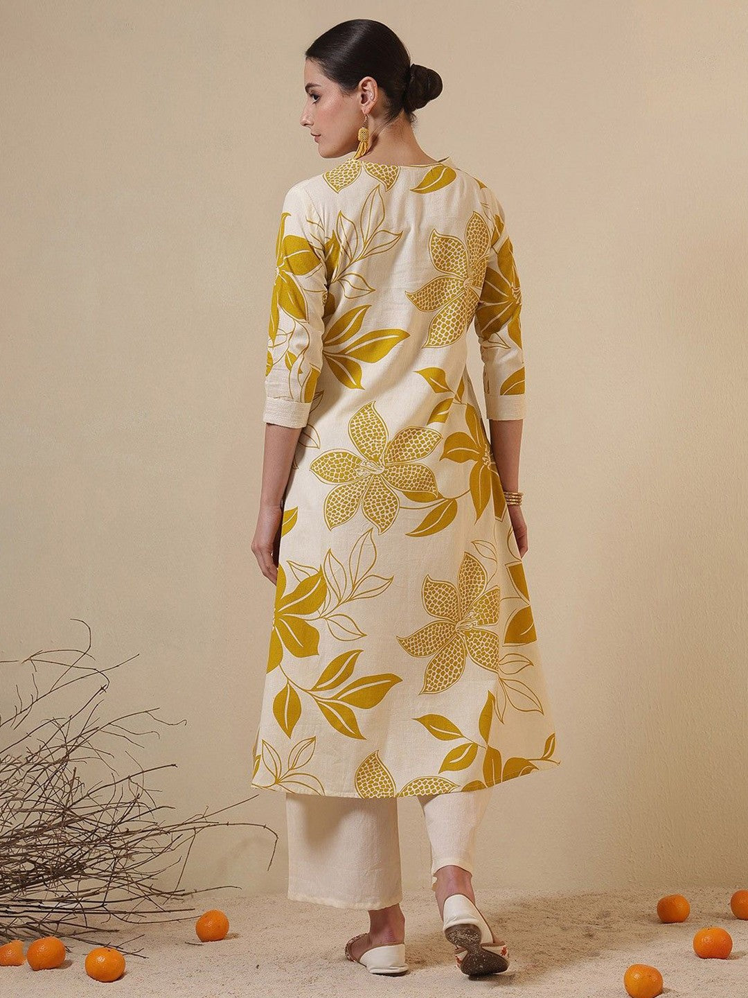 Floral Printed V-Neck Cotton A-Line Kurta