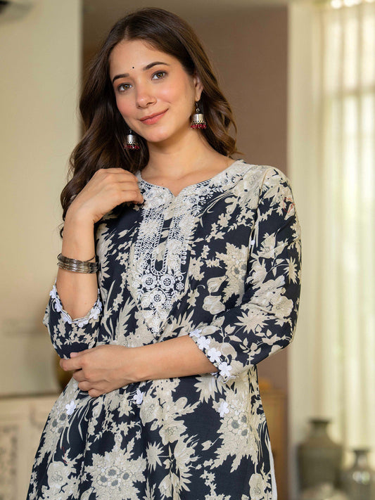 Floral Printed Notch Neck Straight Cotton Kurta