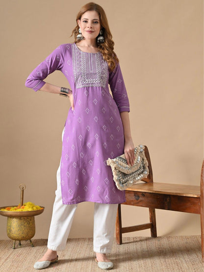 Geometric Embroidered Straight Cotton Kurta