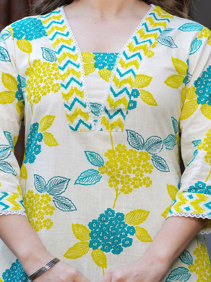 Floral Printed V-Neck Straight Pure Cotton Kurta With Trouser