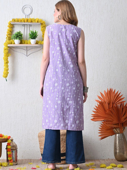 Women Floral Printed Thread Work Straight Kurta