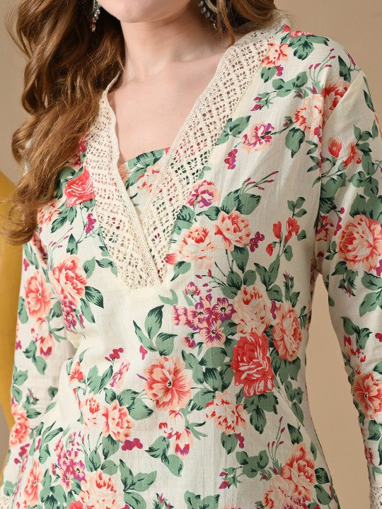 BKApparels Women's Elegant Floral Printed Pure Cotton Kurta with Comfortable Pyjamas