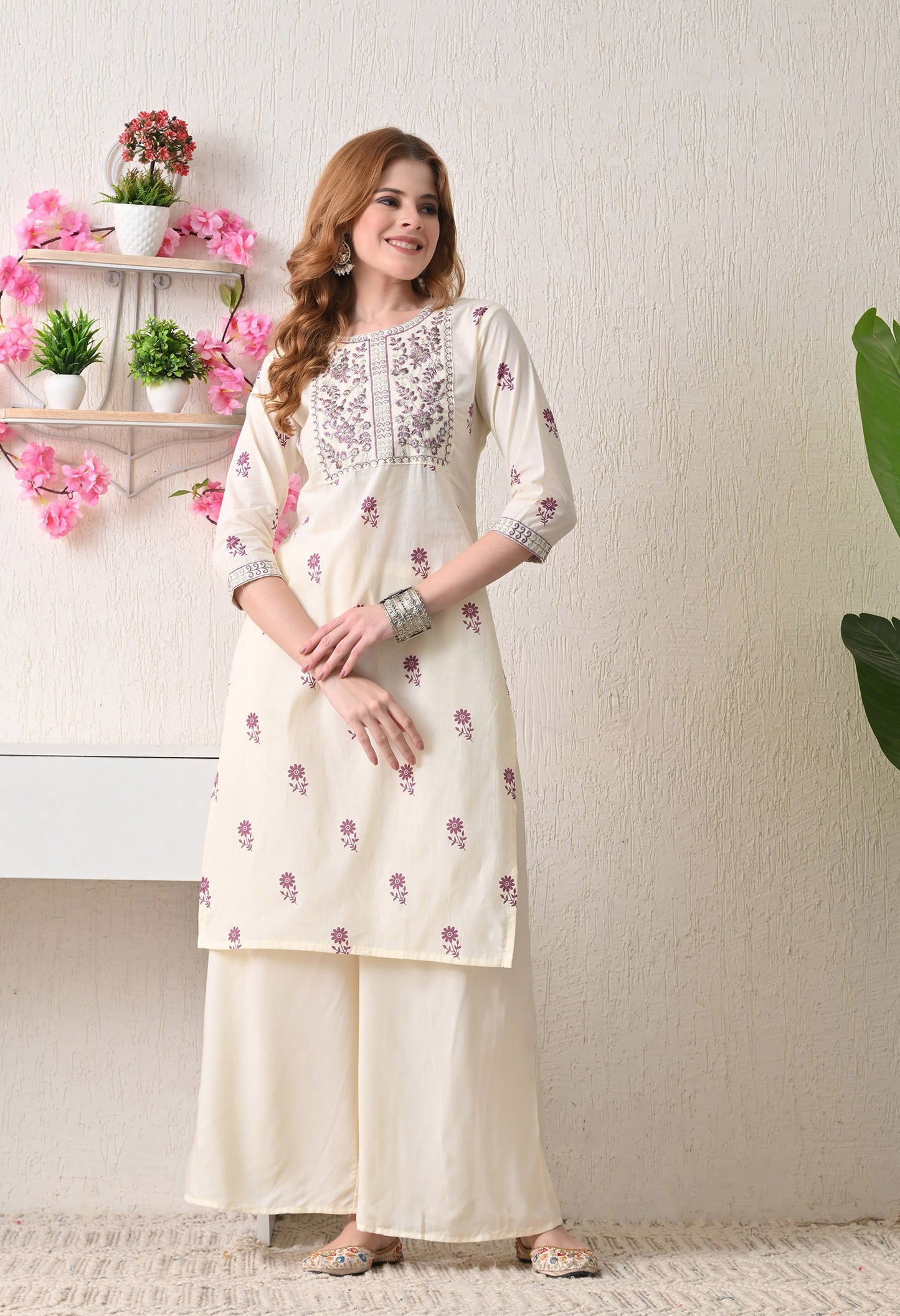 Jamuni flower print embroidered yoke kurta