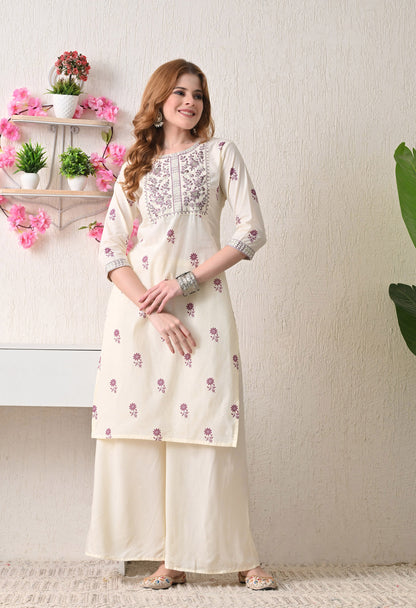 Jamuni flower print embroidered yoke kurta