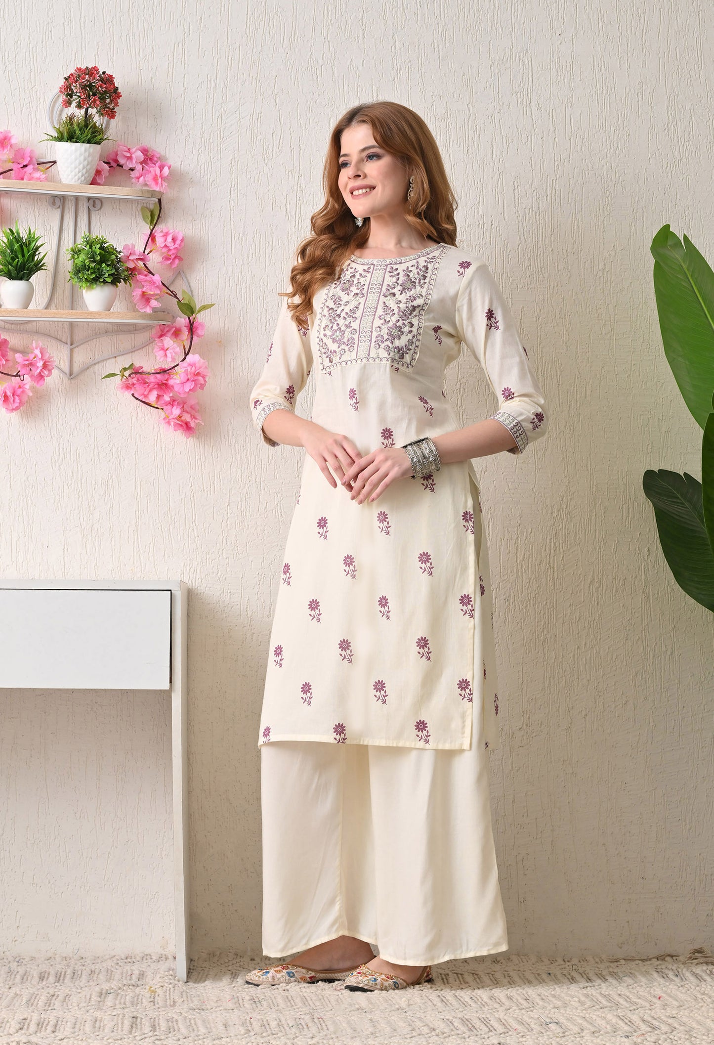 Jamuni flower print embroidered yoke kurta