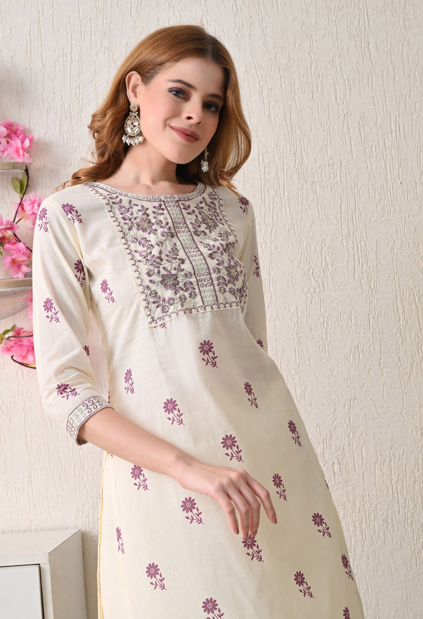 Jamuni flower print embroidered yoke kurta