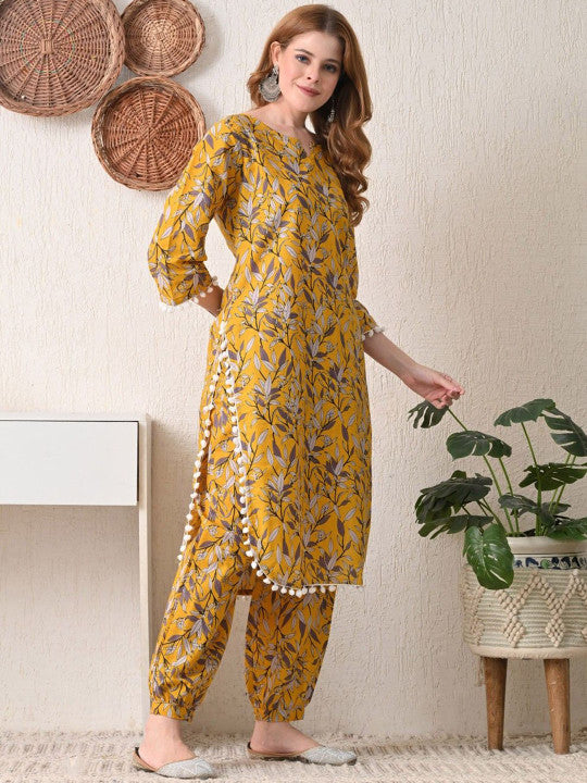 BKApparels Women's Mustard Floral Printed V-Neck Pure Cotton Straight Kurta with Salwar Set