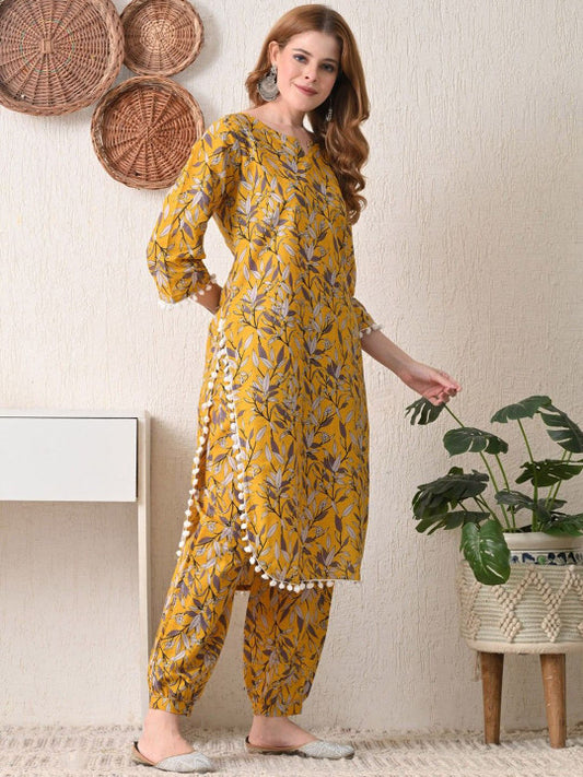 BKApparels Women's Mustard Floral Printed V-Neck Pure Cotton Straight Kurta with Salwar Set