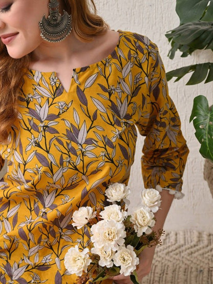 BKApparels Women's Mustard Floral Printed V-Neck Pure Cotton Straight Kurta with Salwar Set