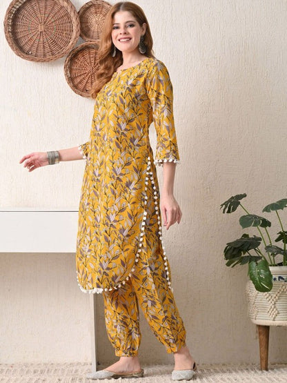 BKApparels Women's Mustard Floral Printed V-Neck Pure Cotton Straight Kurta with Salwar Set