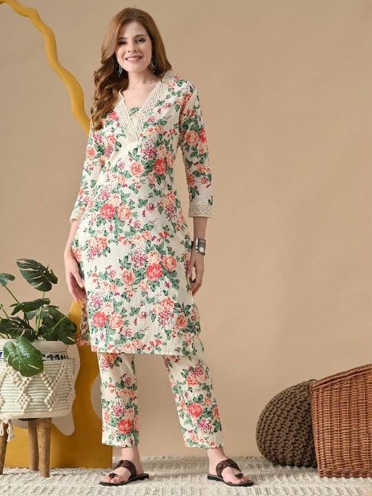 BKApparels Women's Elegant Floral Printed Pure Cotton Kurta with Comfortable Pyjamas