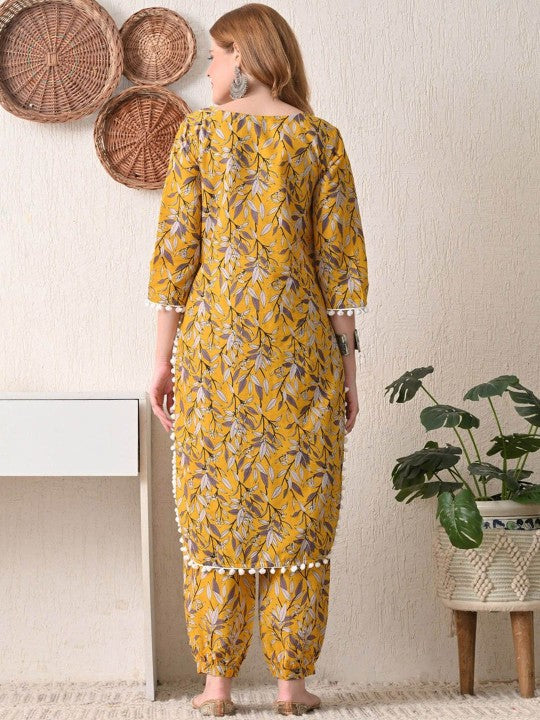 BKApparels Women's Mustard Floral Printed V-Neck Pure Cotton Straight Kurta with Salwar Set