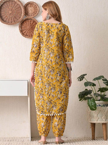 BKApparels Women's Mustard Floral Printed V-Neck Pure Cotton Straight Kurta with Salwar Set